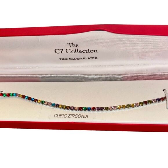 Elegant Silver-Plated Multi-Color CZ Tennis Bracelet 7.25" with Secure Clasp - Picture 2 of 3
